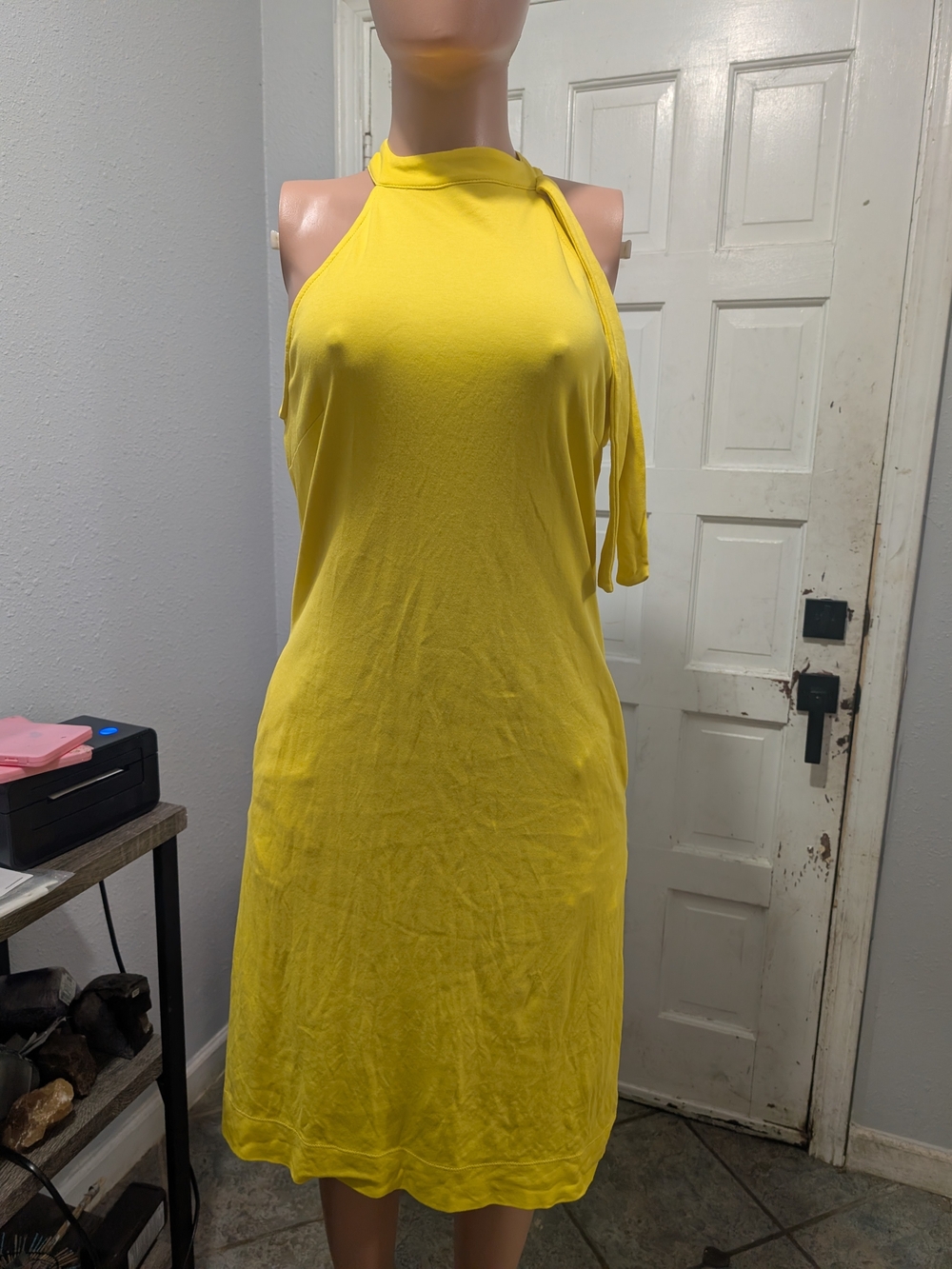New York & Company Yellow One-Shoulder Halter Dress